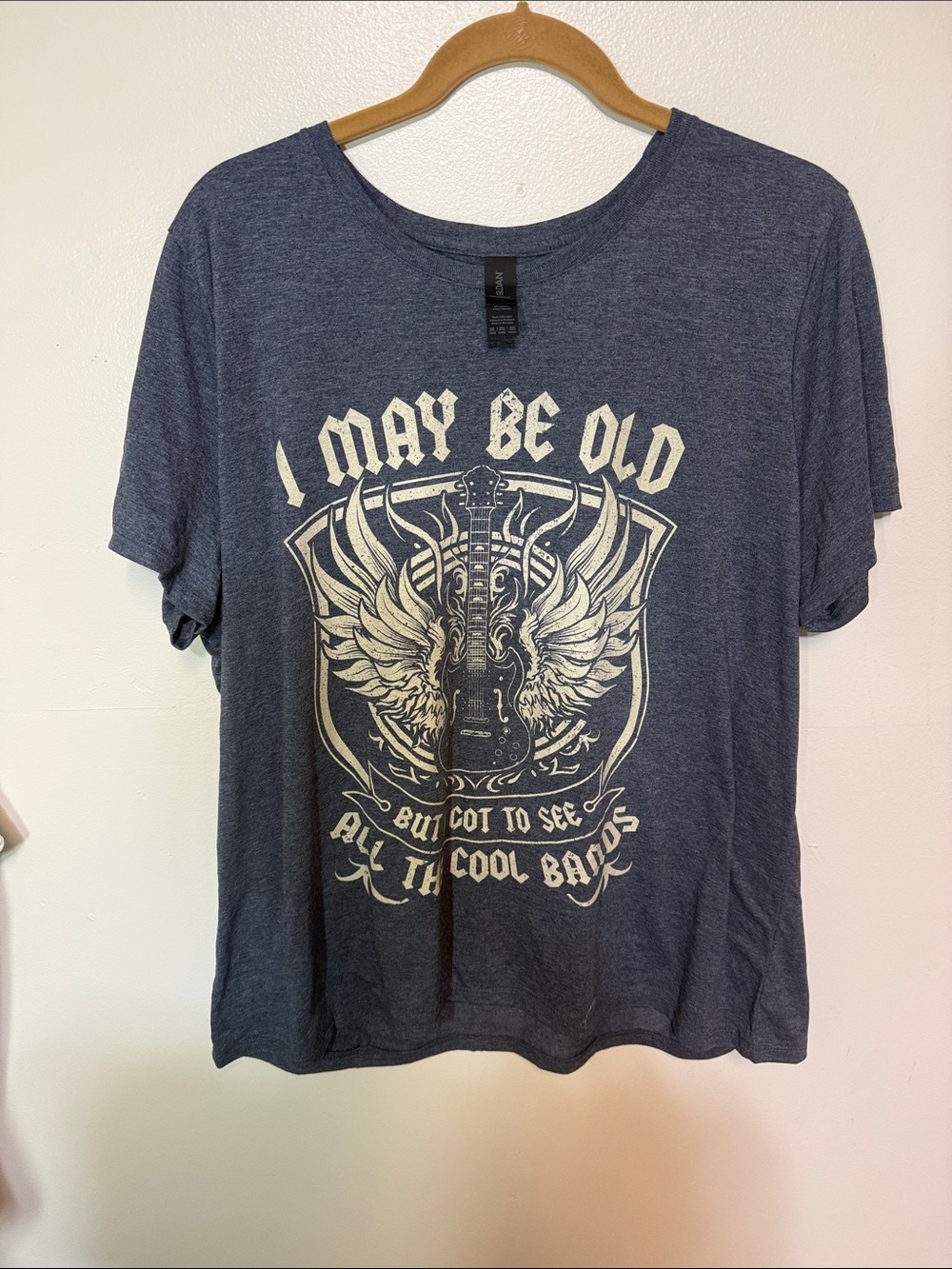 Women's Navy Graphic Short Sleeve Tee - Vintage Guitar Wing Design
